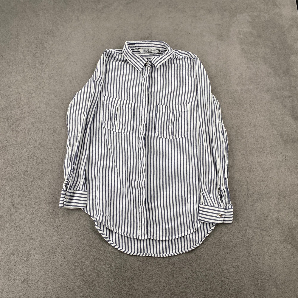 Cotton On Womens XS Navy Blue White Striped Button Down Long Sleeve Shirt Pocket